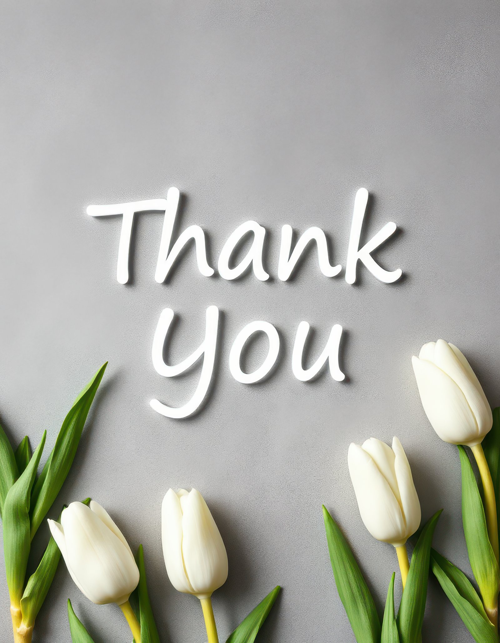 Thank you message with elegant white tulips arranged on a minimalist gray background ideal for expressing gratitude